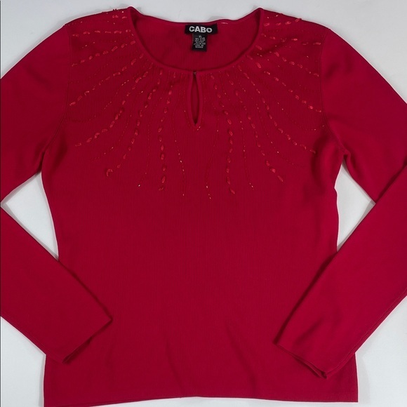 Cabo Sweaters - Cabo Red Embellished Sweater XL Keyhole Neck Long Sleeve Knit Womens Top